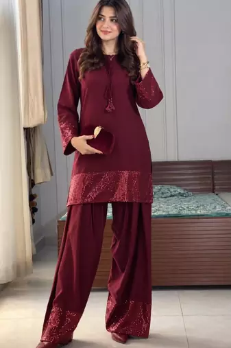 Wine crepe embroidered farshi salwar set