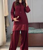 Wine crepe embroidered farshi salwar set