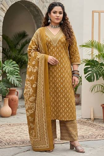 Yellow floral printed cotton kurta set
