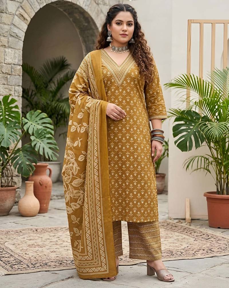 Yellow floral printed cotton kurta set