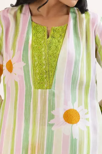 Green cotton linen kurta set