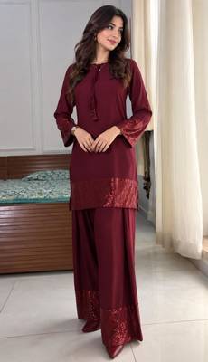Wine crepe embroidered farshi salwar set 2