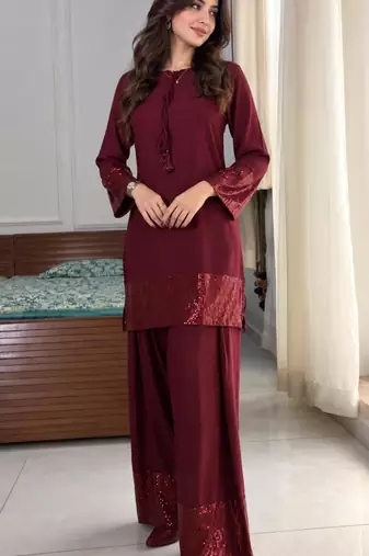 Wine crepe embroidered farshi salwar set