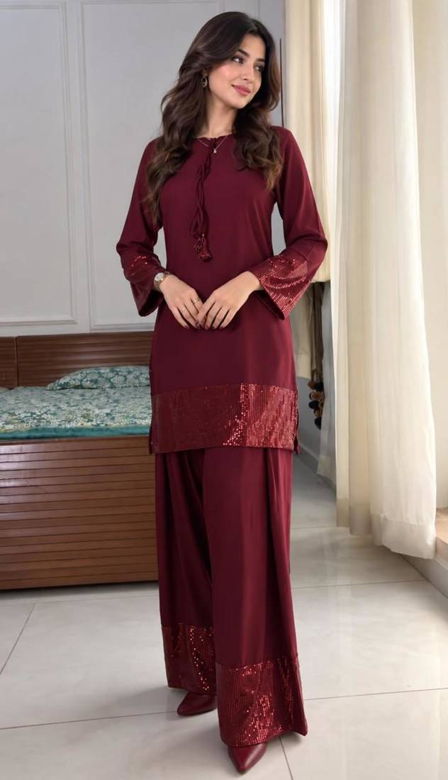 Wine crepe embroidered farshi salwar set