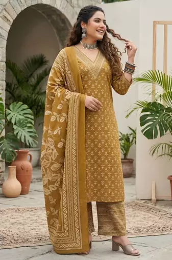 Yellow floral printed cotton kurta set