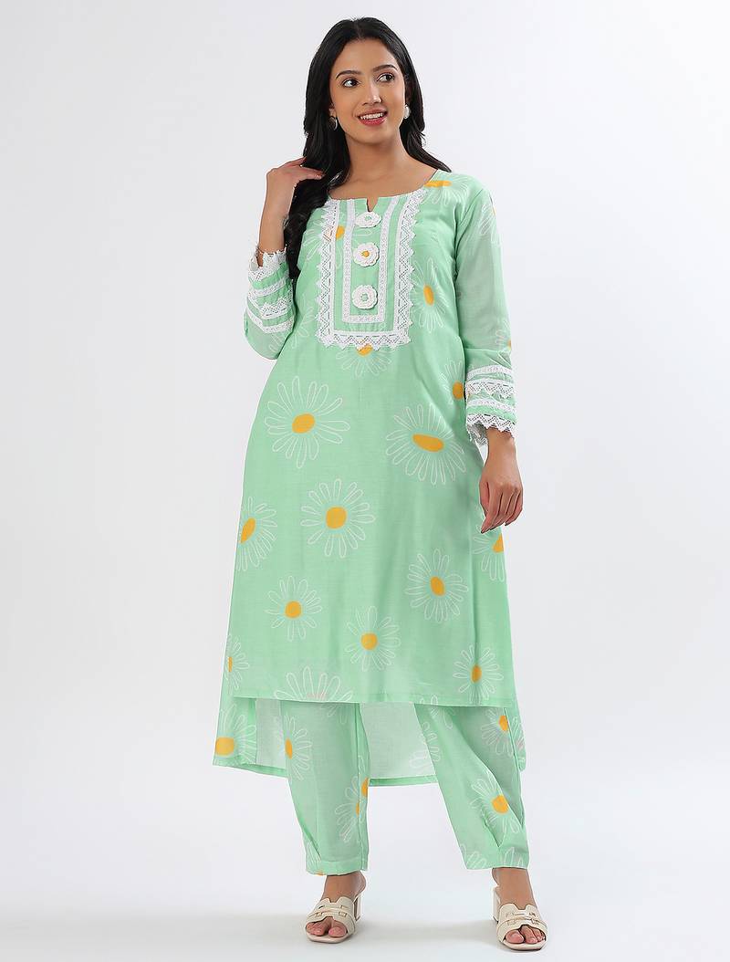 Minty green cotton kurta set
