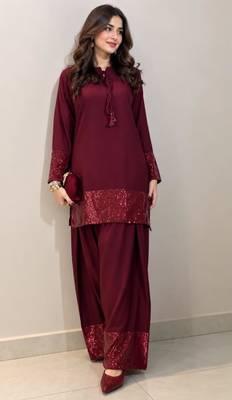 Wine crepe embroidered farshi salwar set 3