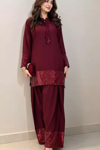 Wine crepe embroidered farshi salwar set