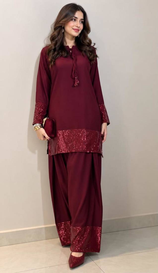 Wine crepe embroidered farshi salwar set