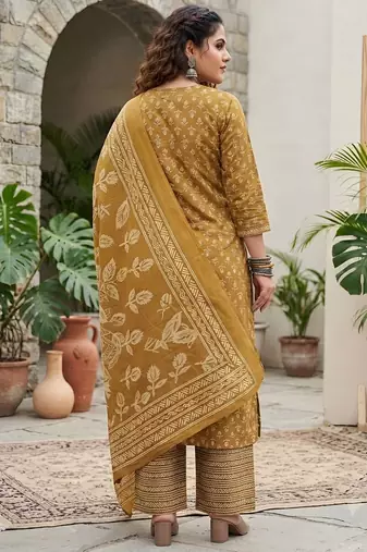 Yellow floral printed cotton kurta set
