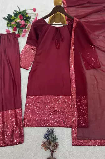 Wine crepe embroidered farshi salwar set