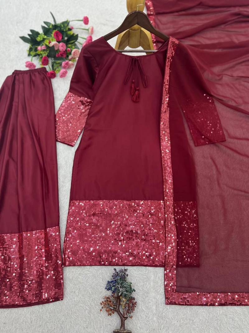 Wine crepe embroidered farshi salwar set