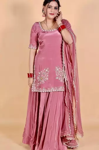 Pink crepe embroidered sharara set