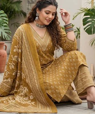 Yellow floral printed cotton kurta set 4