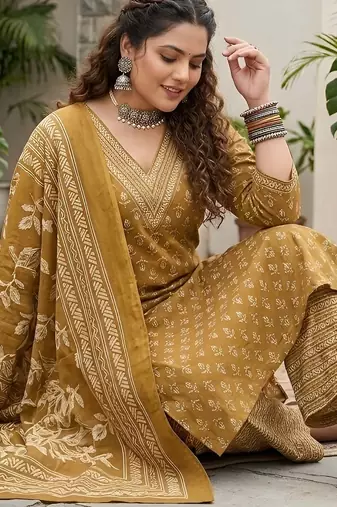 Yellow floral printed cotton kurta set
