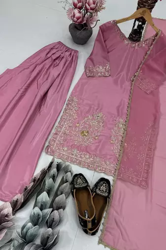 Pink crepe embroidered sharara set