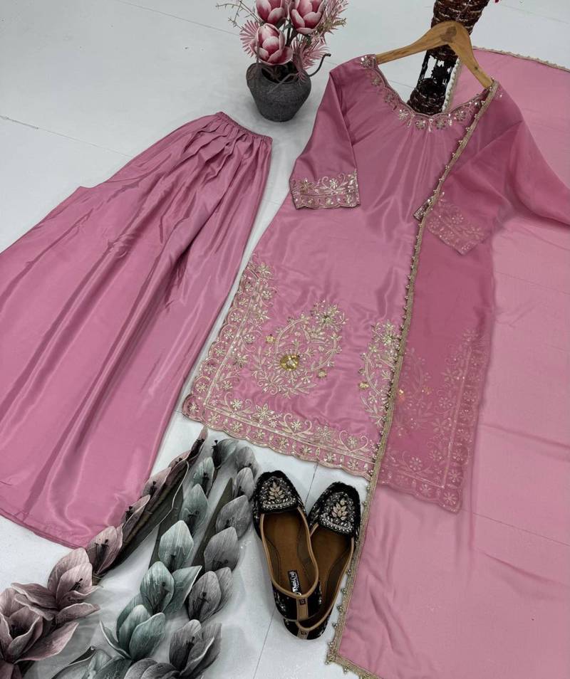 Pink crepe embroidered sharara set