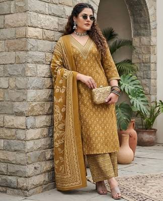 Yellow floral printed cotton kurta set 5