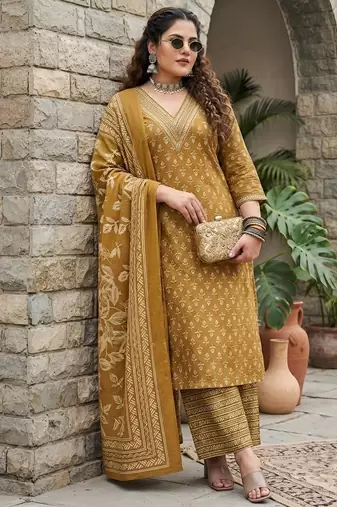 Yellow floral printed cotton kurta set