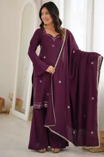 Purple silk blend embroidered palazzo set