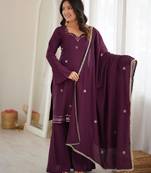 Purple silk blend embroidered palazzo set