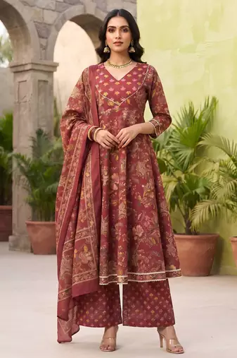 Burgundy floral printed cotton kurta set