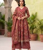 Burgundy floral printed cotton kurta set
