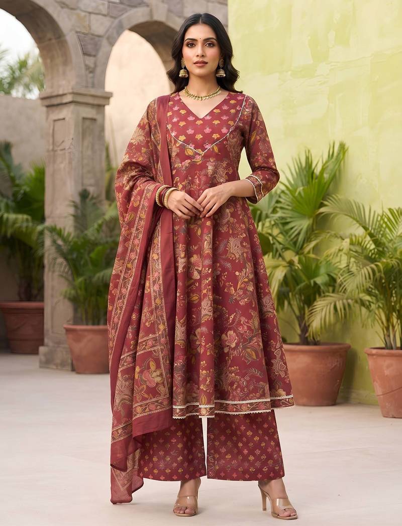 Burgundy floral printed cotton kurta set