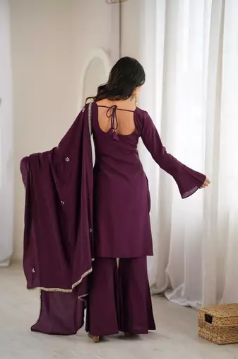 Purple silk blend embroidered palazzo set