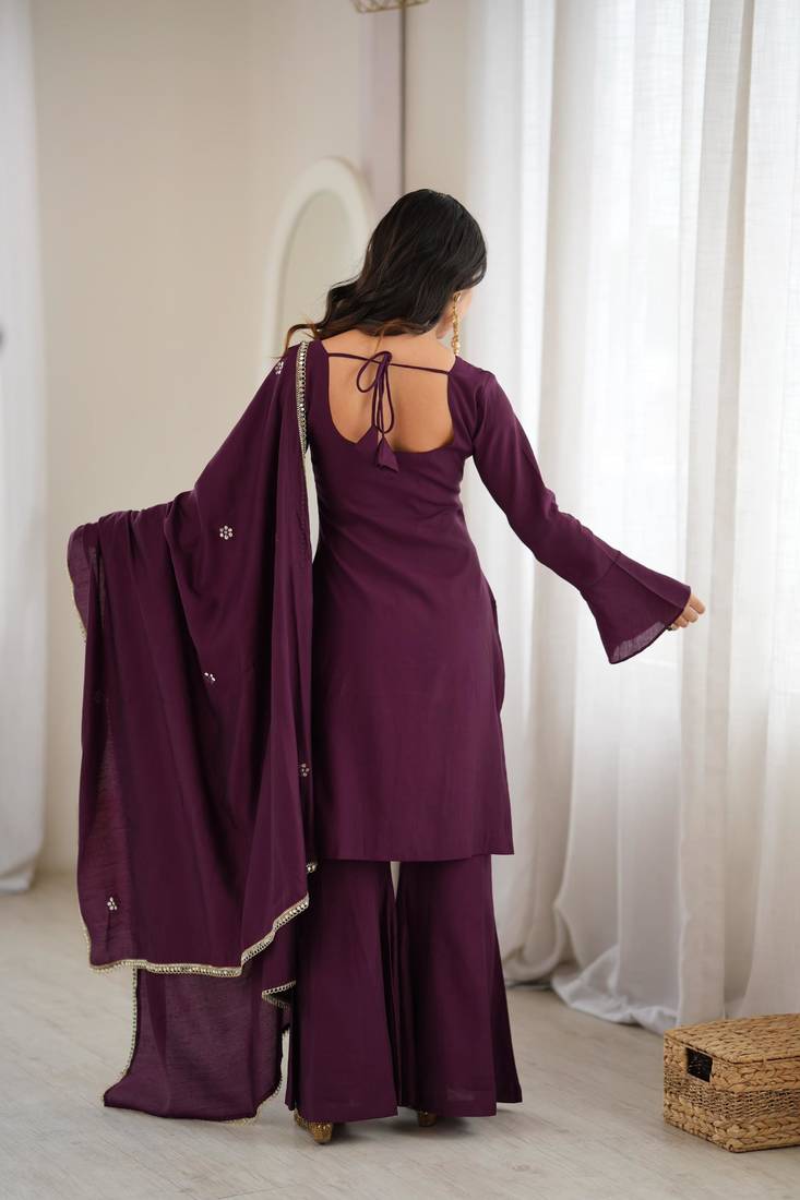 Purple silk blend embroidered palazzo set