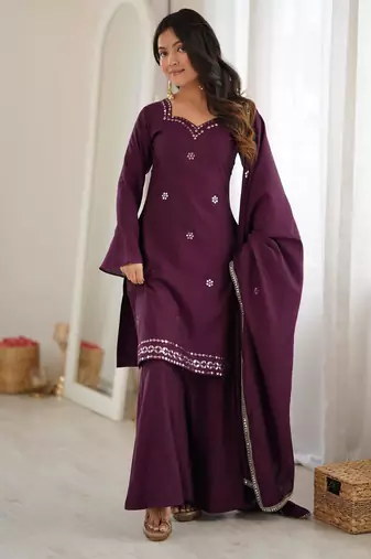 Purple silk blend embroidered palazzo set
