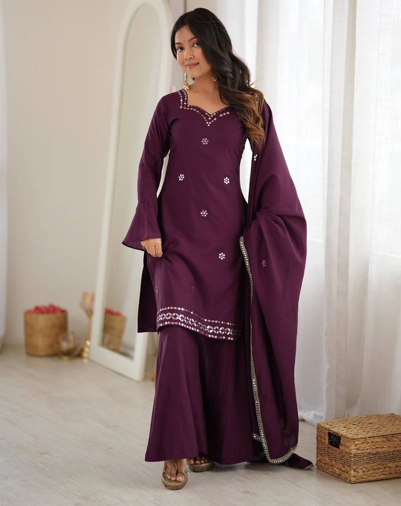 Purple silk blend embroidered palazzo set