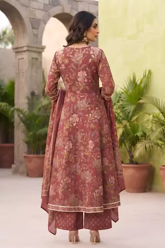 Burgundy floral printed cotton kurta set