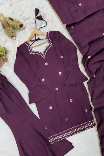 Purple silk blend embroidered palazzo set