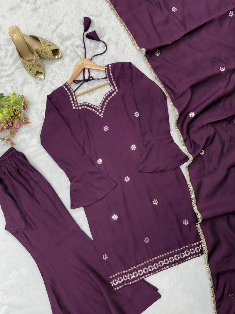 Purple silk blend embroidered palazzo set