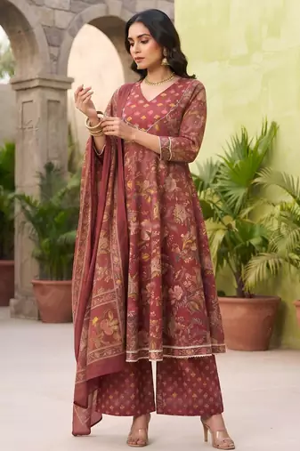 Burgundy floral printed cotton kurta set