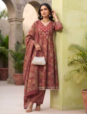 Burgundy floral printed cotton kurta set 4