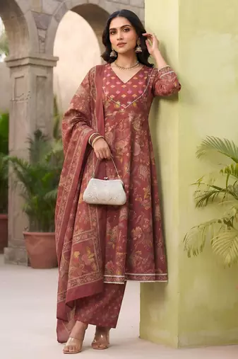 Burgundy floral printed cotton kurta set