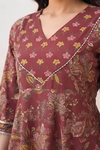 Burgundy floral printed cotton kurta set
