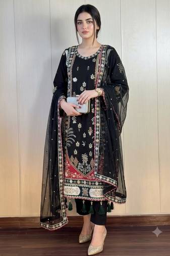 Black silk blend embroidered kurta set