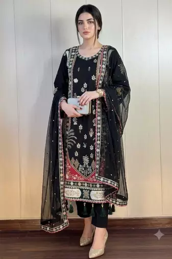 Black silk blend embroidered kurta set
