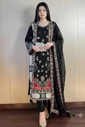 Black silk blend embroidered kurta set