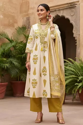 White floral printed cotton kurta set