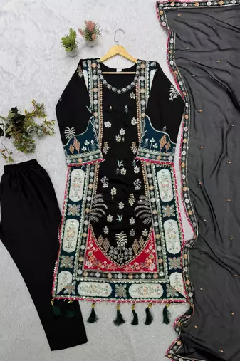 Black silk blend embroidered kurta set