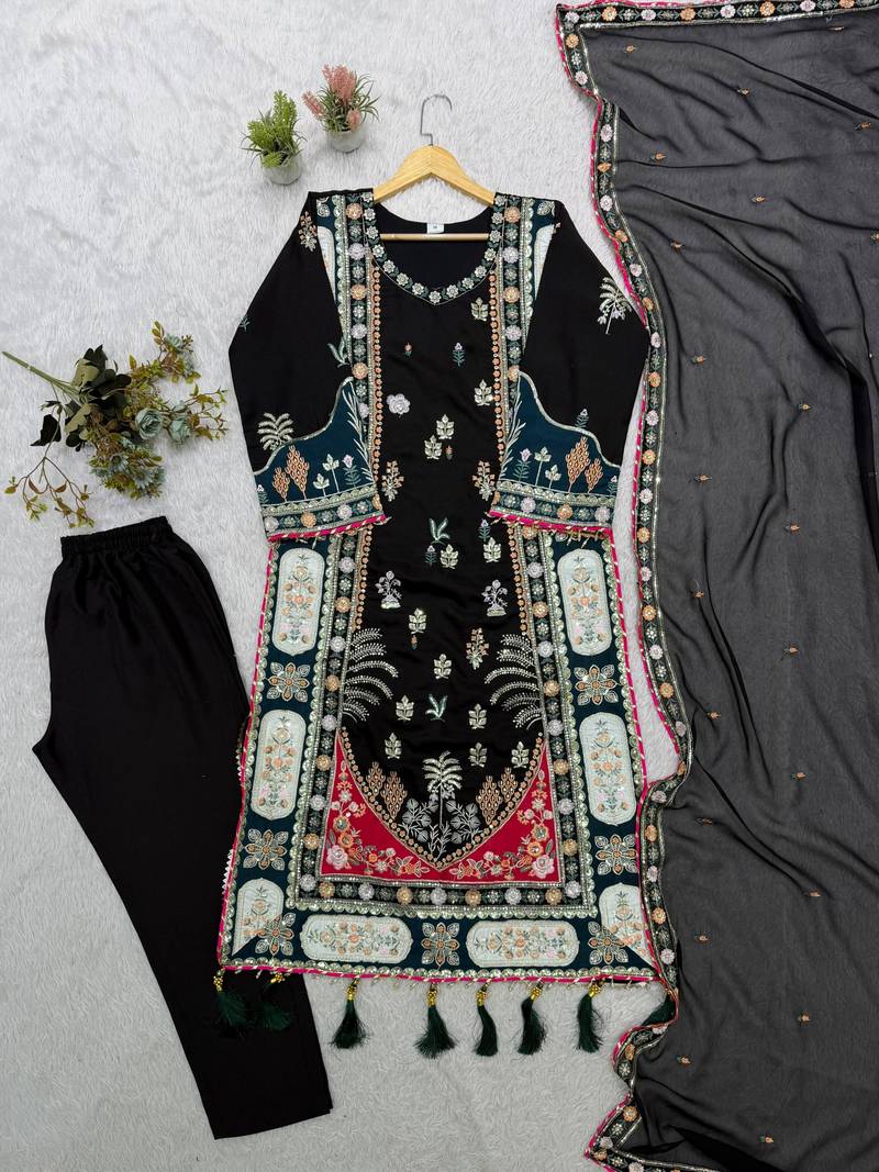 Black silk blend embroidered kurta set