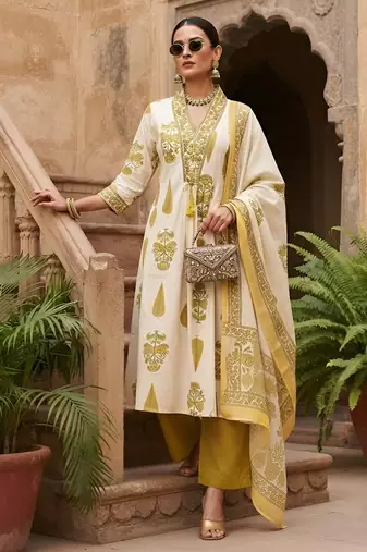 White floral printed cotton kurta set