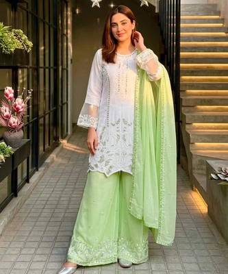 White faux georgette embroidered palazzo set 1