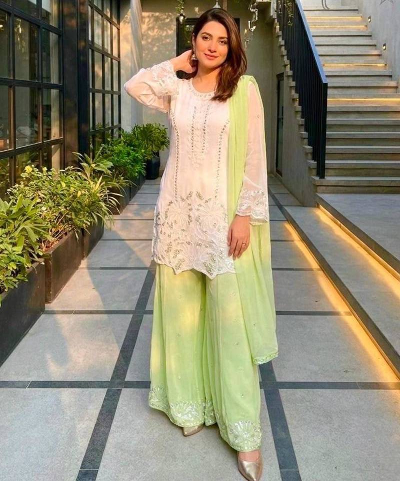 White faux georgette embroidered palazzo set