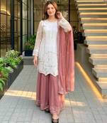 White faux georgette embroidered palazzo set
