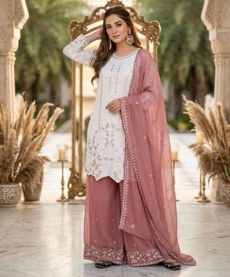 White faux georgette embroidered palazzo set 3
